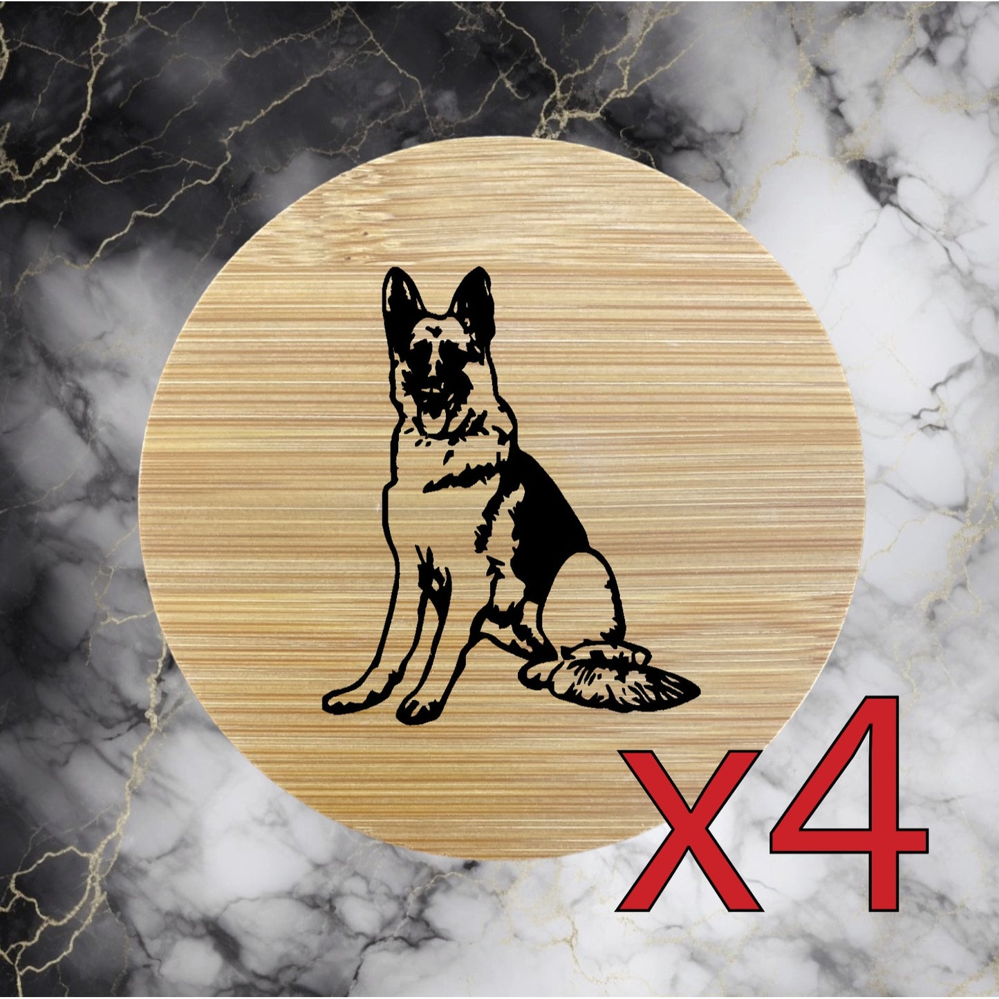 German Shepherd x4 Bamboo Coasters Drink Natural Wood Home Decor Lounge Dog NEW