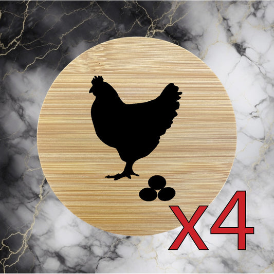 Hen x4 Bamboo Coasters Drink Natural Wood Home Decor Lounge Eggs Farm Animal NEW