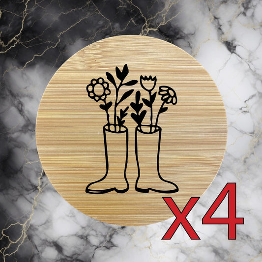 Boots Flowers x4 Bamboo Coasters Drink Natural Wood Home Decor Lounge Garden NEW