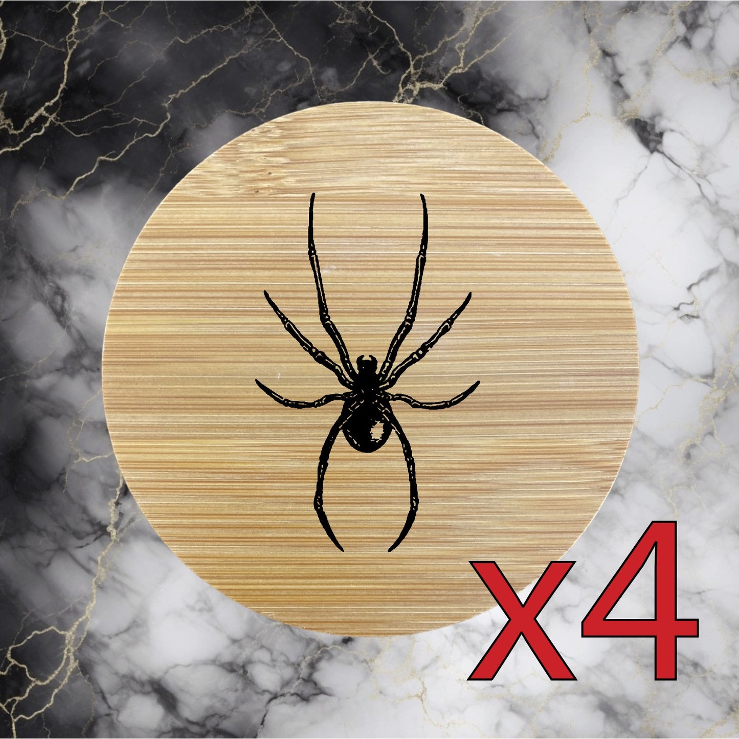 Spider x4 Bamboo Coasters Drink Natural Wood Home Decor Lounge Scary Horror NEW