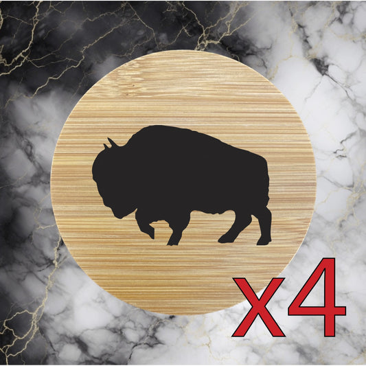 Bison x4 Bamboo Coasters Drink Natural Wood Home Decor Lounge Animal Wild NEW