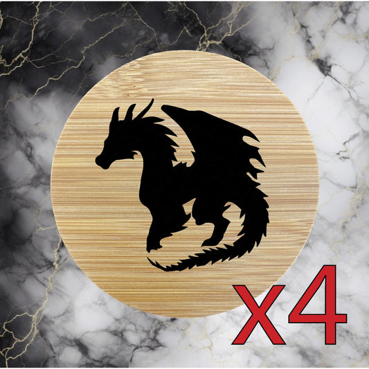 Dragon Shape x4 Bamboo Coasters Drink Natural Wood Home Decor Lounge Fantasy NEW