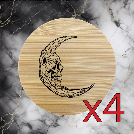 Skull Moon x4 Bamboo Coasters Drink Natural Wood Home Decor Lounge Bones NEW