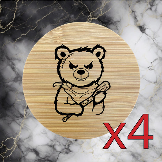 Teddy Bear x4 Bamboo Coasters Drink Natural Wood Home Decor Lounge Bat Sport NEW