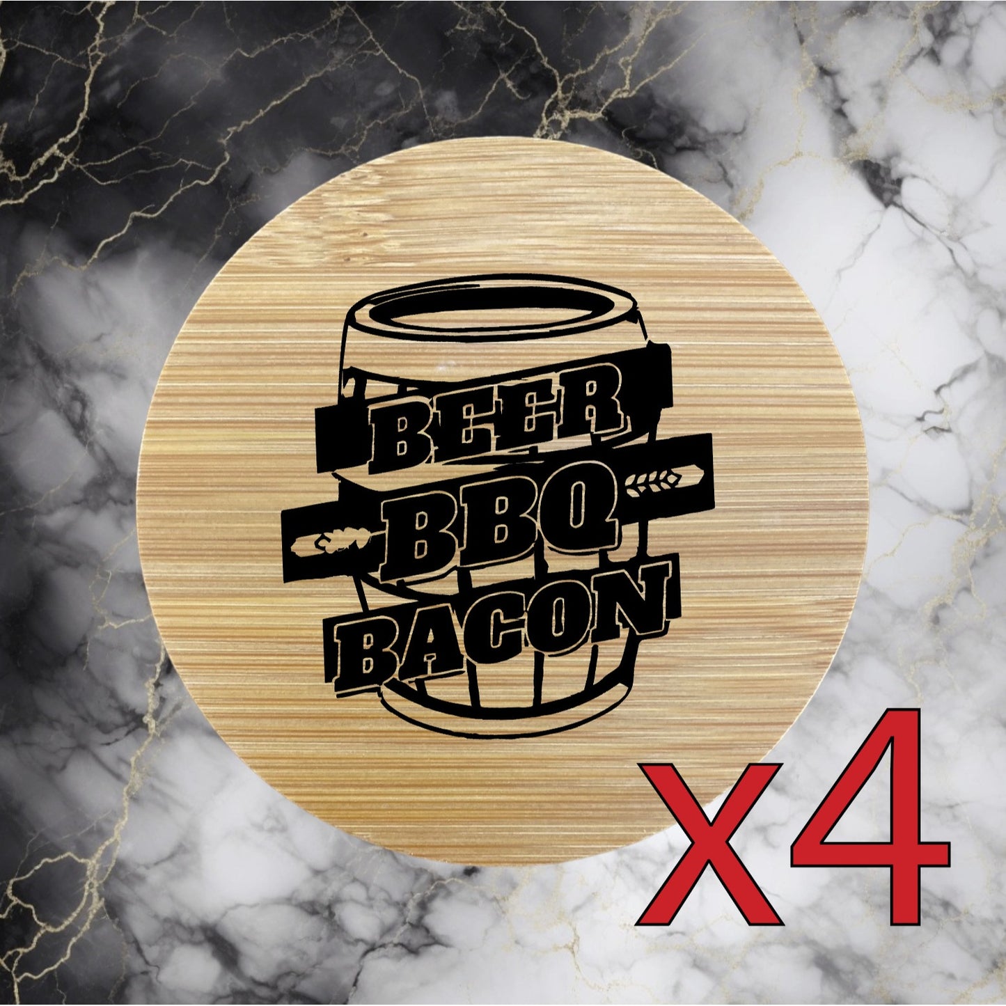 Beer BBQ Bacon x4 Bamboo Coasters Drink Natural Wood Home Decor Lounge Food NEW