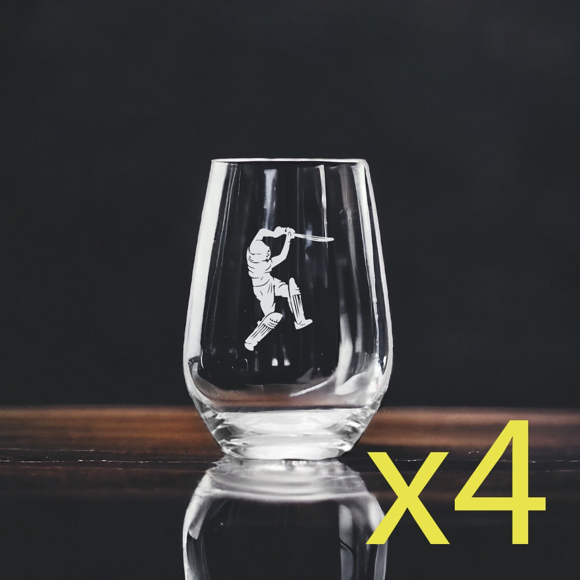 Cricket Player Stemless Wine Glasses x4 Premium 15 Oz Personalize Sports NEW