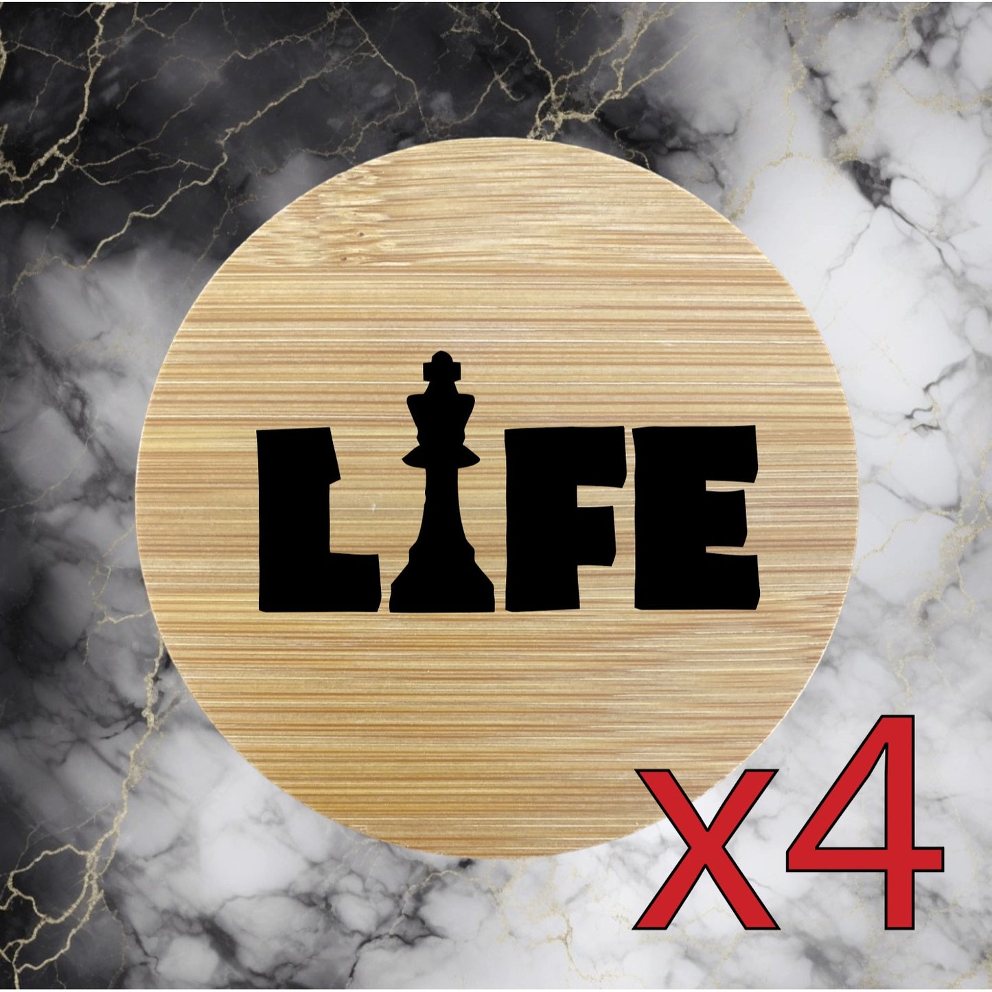 Chess Life x4 Bamboo Coasters Drink Natural Wood Home Decor Lounge Game King NEW