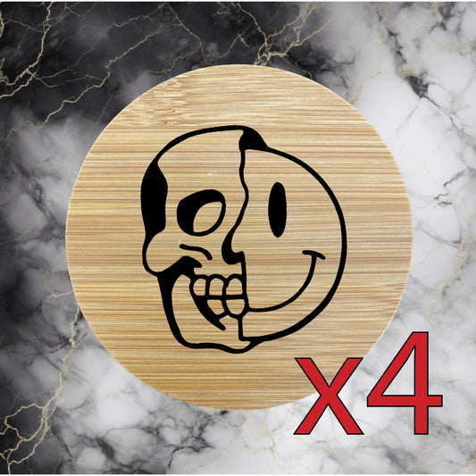 Skull Smiley Face x4 Bamboo Coasters Drink Natural Wood Home Decor Lounge NEW