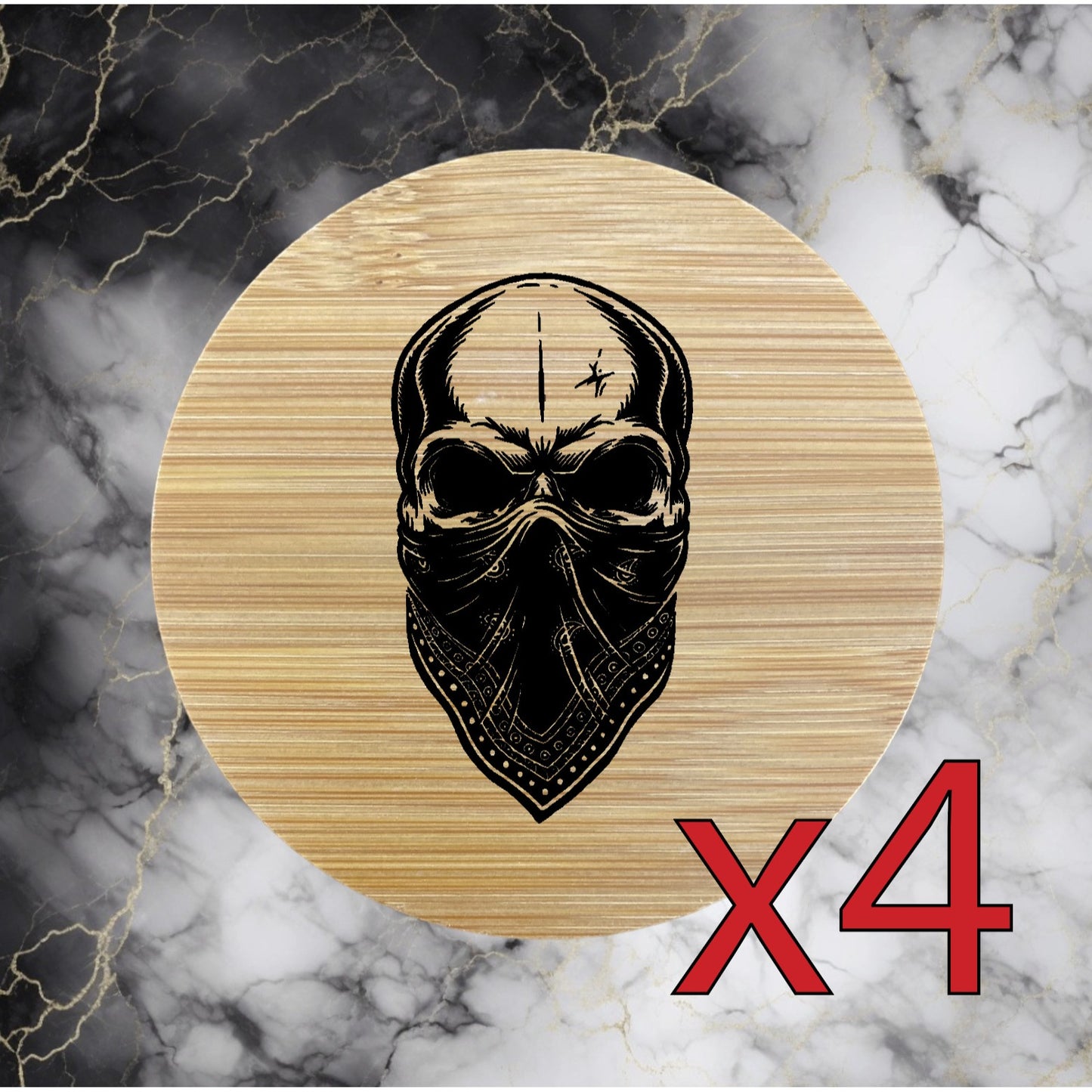 Skull Bandana x4 Bamboo Coasters Drink Natural Wood Home Decor Lounge Bike NEW