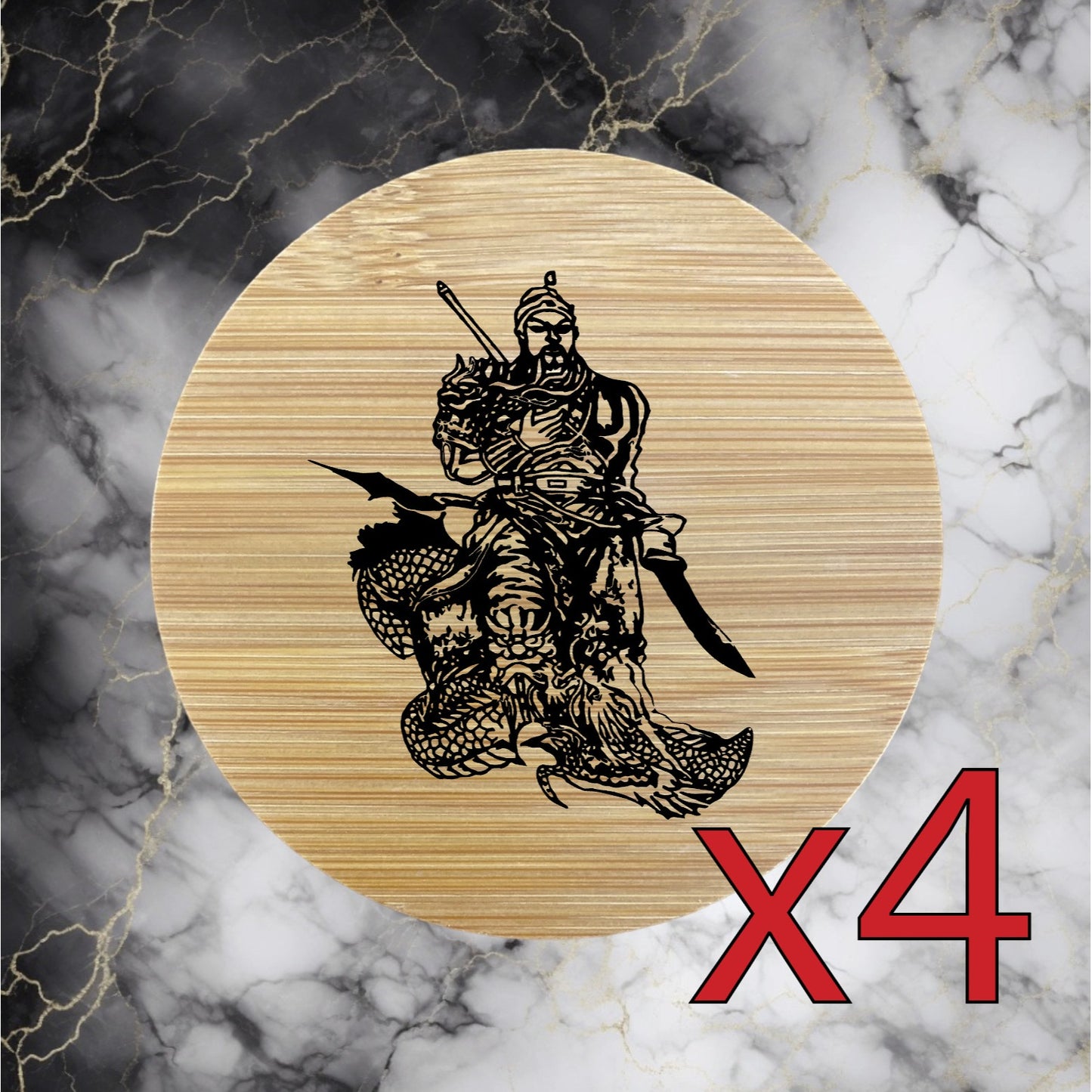 Chinese Warrior x4 Bamboo Coasters Drink Natural Wood Home Decor Lounge NEW