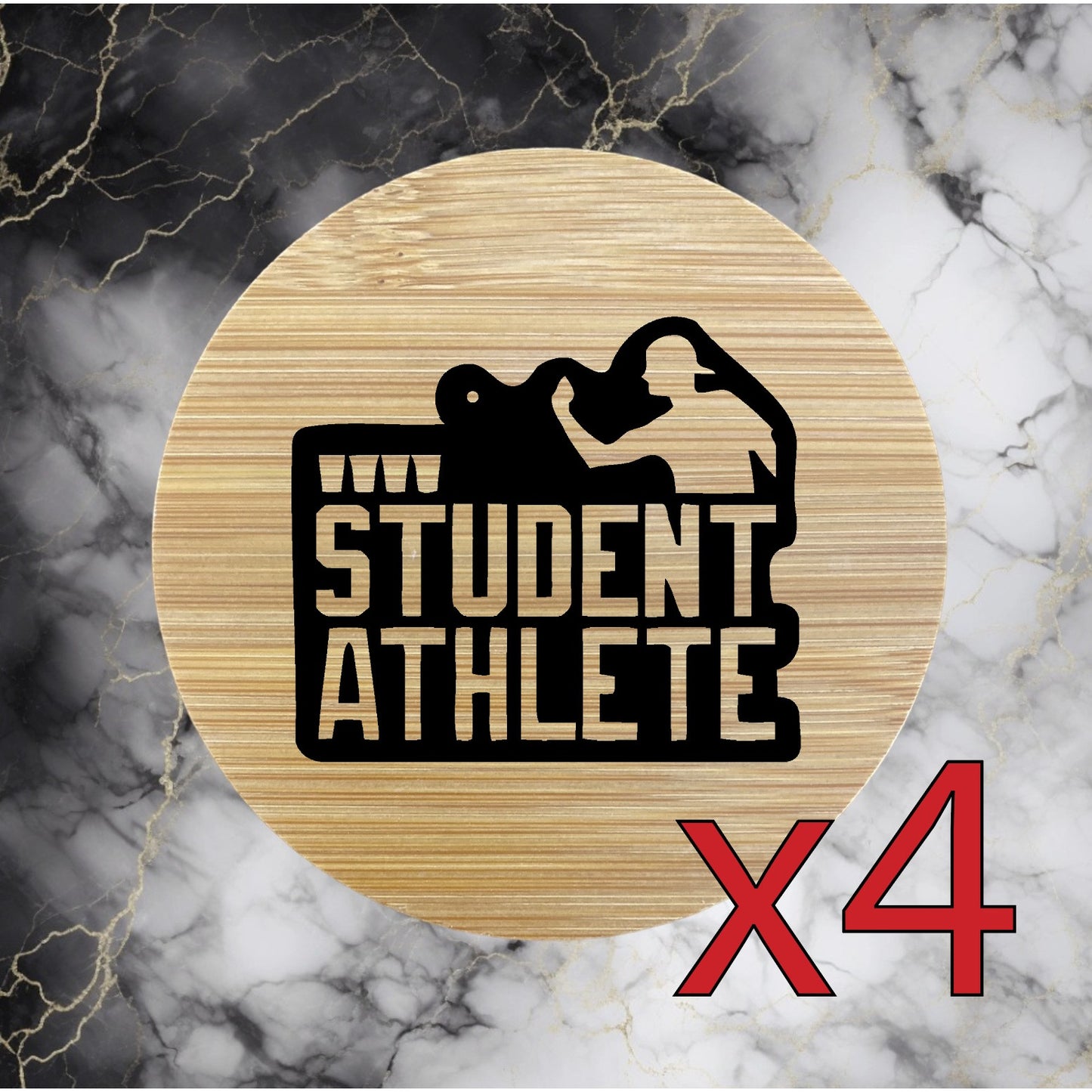 Student Athlete x4 Bamboo Coasters Drink Natural Wood Home Decor Lounge NEW