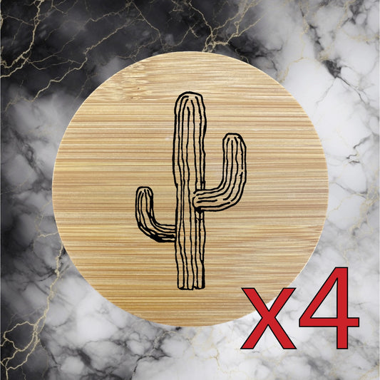 Cactus x4 Bamboo Coasters Drink Natural Wood Home Decor Lounge Desert Plant NEW