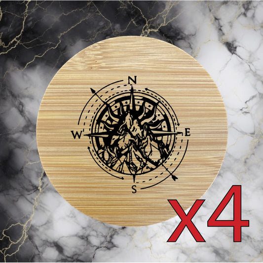 Compass x4 Bamboo Coasters Drink Natural Wood Home Decor Lounge Outdoor NEW