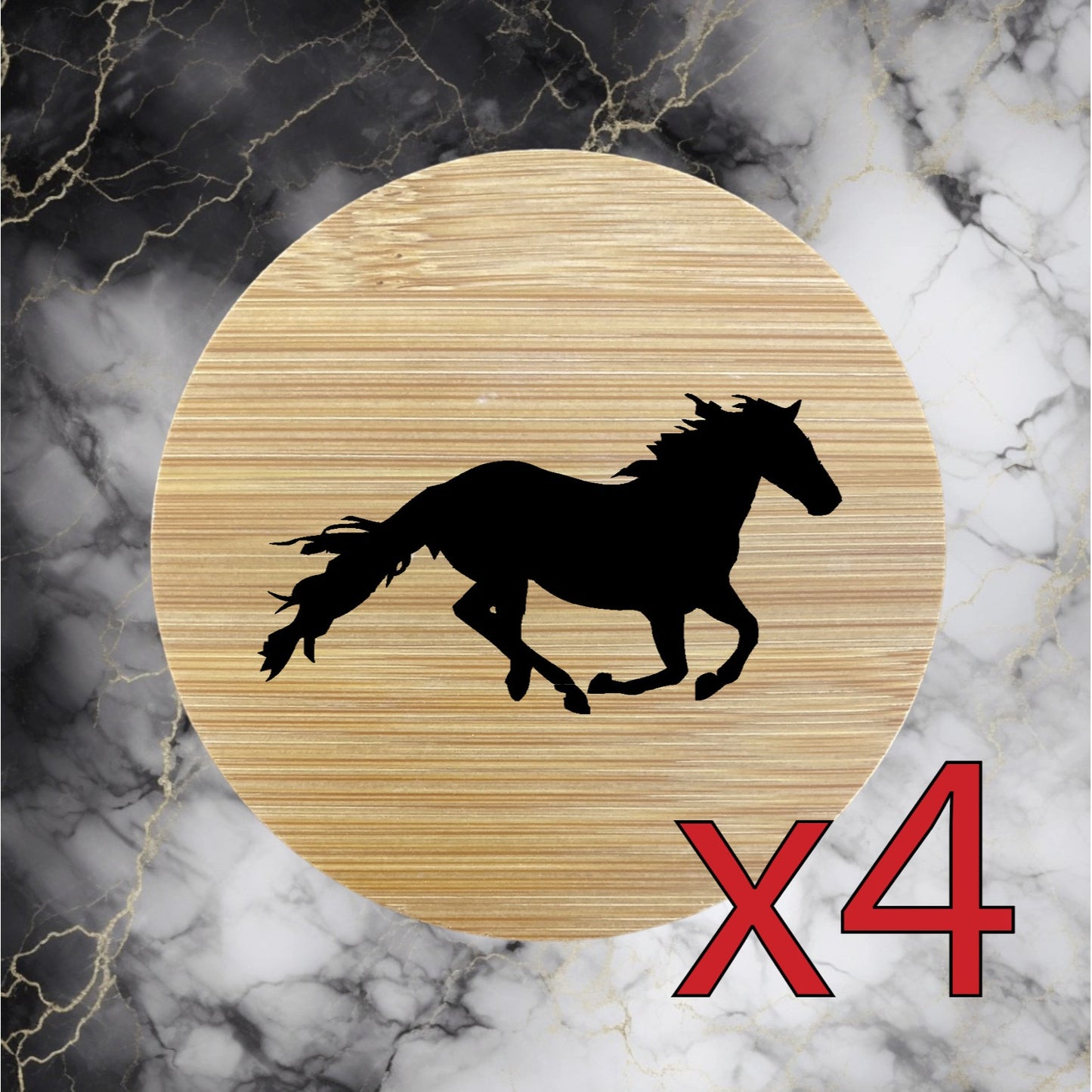 Mustang x4 Bamboo Coasters Drink Natural Wood Home Decor Lounge Horse Run NEW