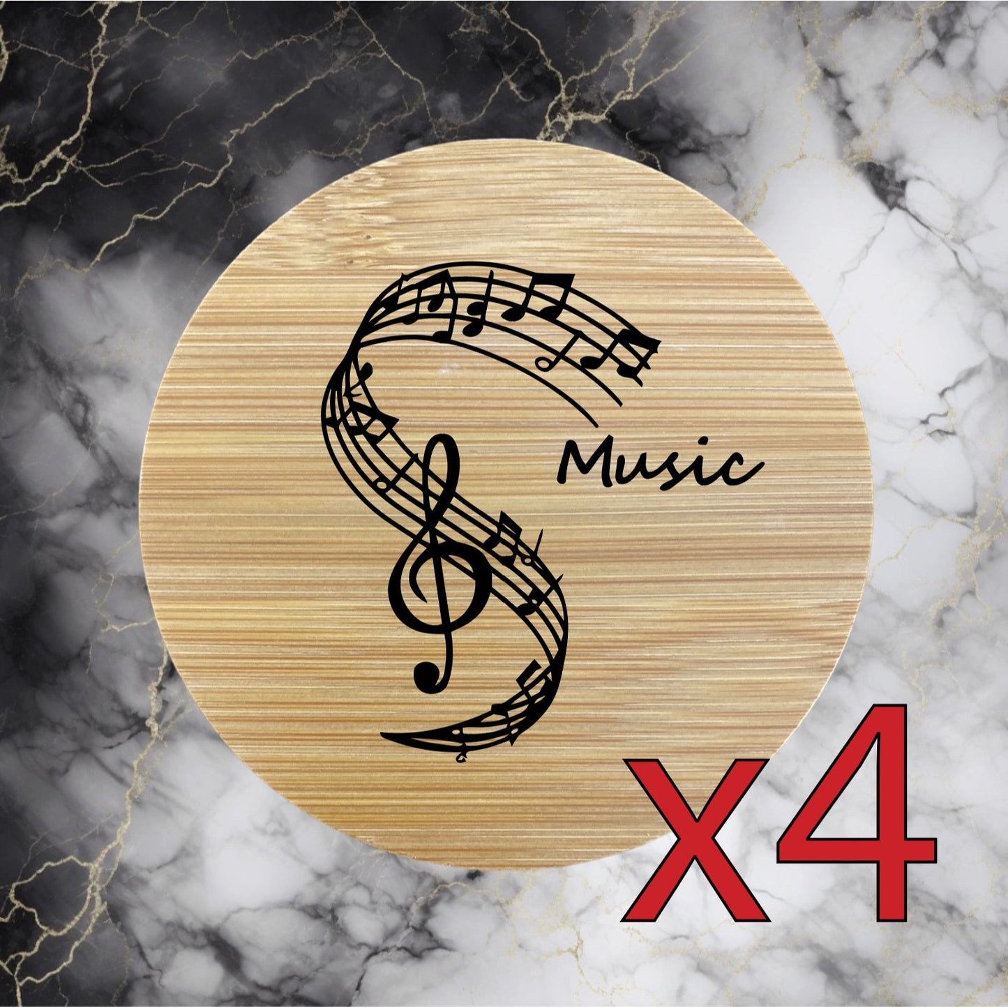 Music Notes x4 Bamboo Coasters Drink Natural Wood Home Decor Lounge Band NEW