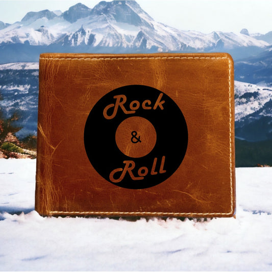 Rock & Roll Leather Wallet Bifold Premium Quality Buffalo Record Music NEW