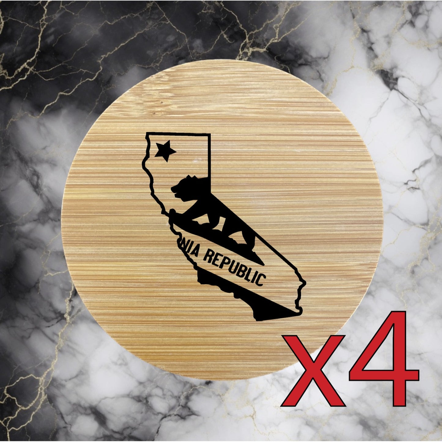 California x4 Bamboo Coasters Drink Natural Wood Home Decor Lounge Flag Bear NEW