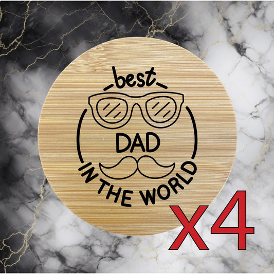 Best Dad x4 Bamboo Coasters Drink Natural Wood Home Decor Lounge Mustache NEW