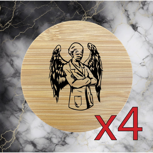 Doctor Angel x4 Bamboo Coasters Drink Natural Wood Home Decor Lounge Wings NEW