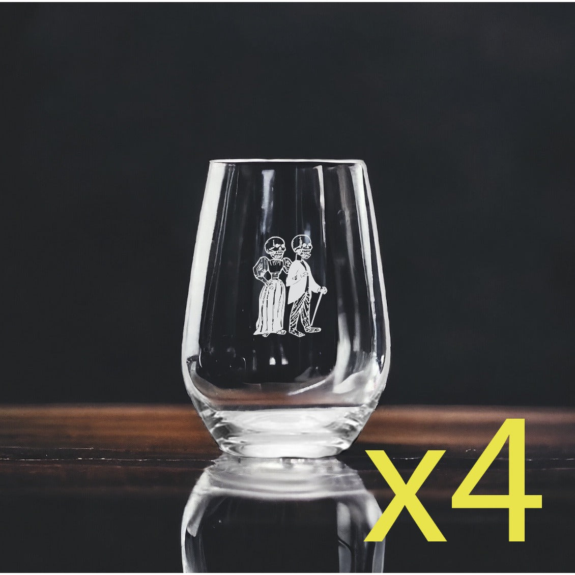 Skeleton Couple Stemless Wine Glasses x4 Premium 15 Oz Personalize Retro NEW