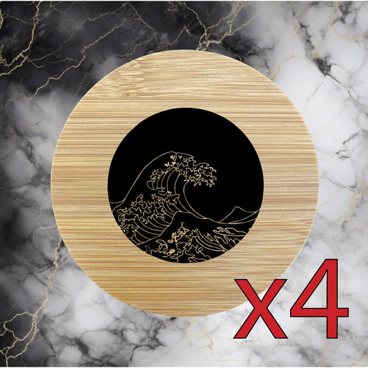 Black Wave x4 Bamboo Coasters Drink Natural Wood Home Decor Lounge Ocean NEW