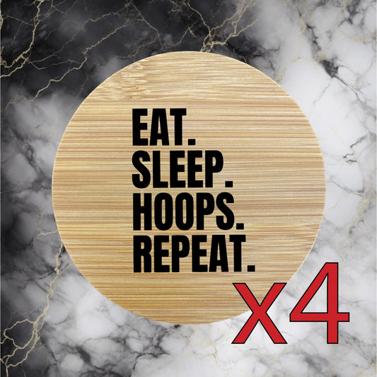 Eat Sleep Hoops x4 Bamboo Coasters Drink Natural Wood Home Decor Lounge NEW