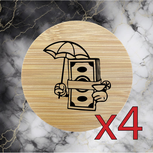 Cash Umbrella x4 Bamboo Coasters Drink Natural Wood Home Decor Lounge NEW