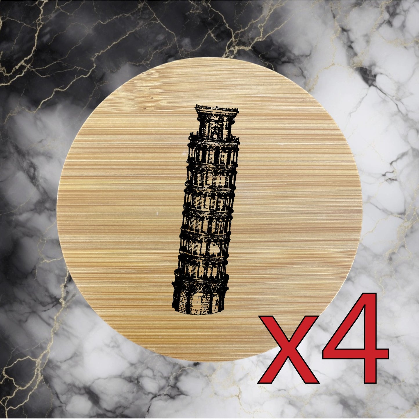 Leaning Tower x4 Bamboo Coasters Drink Natural Wood Home Decor Lounge Italy NEW