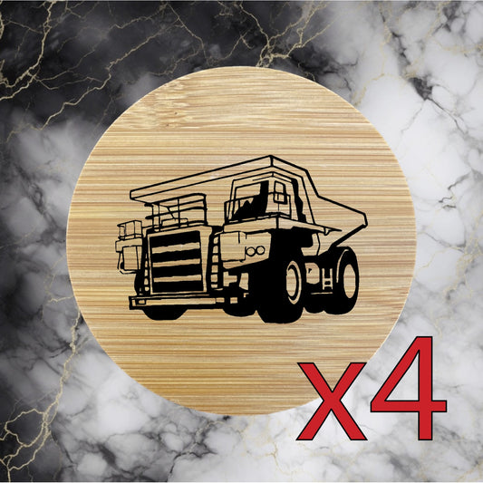 Dump Truck x4 Bamboo Coasters Drink Natural Wood Home Decor Lounge Work NEW