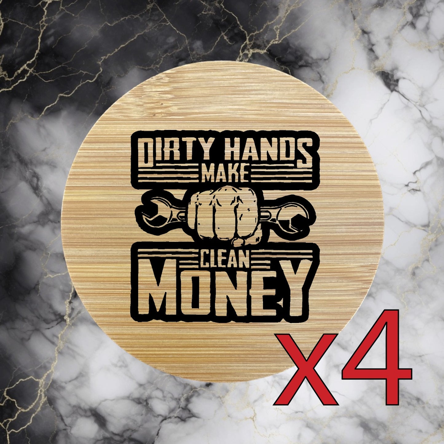 Dirty Hands x4 Bamboo Coasters Drink Natural Wood Home Decor Clean Money NEW