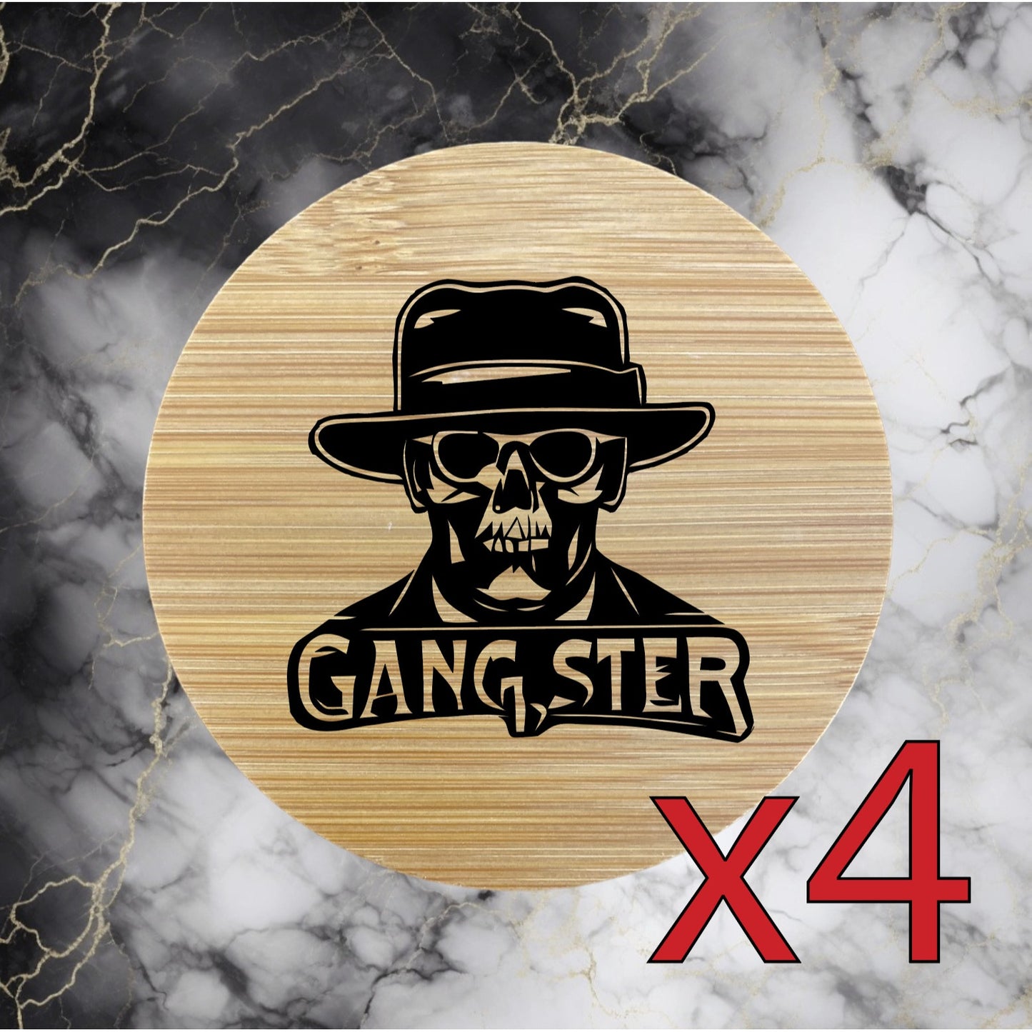 Gangster Skull x4 Bamboo Coasters Drink Natural Wood Home Decor Lounge Bones NEW