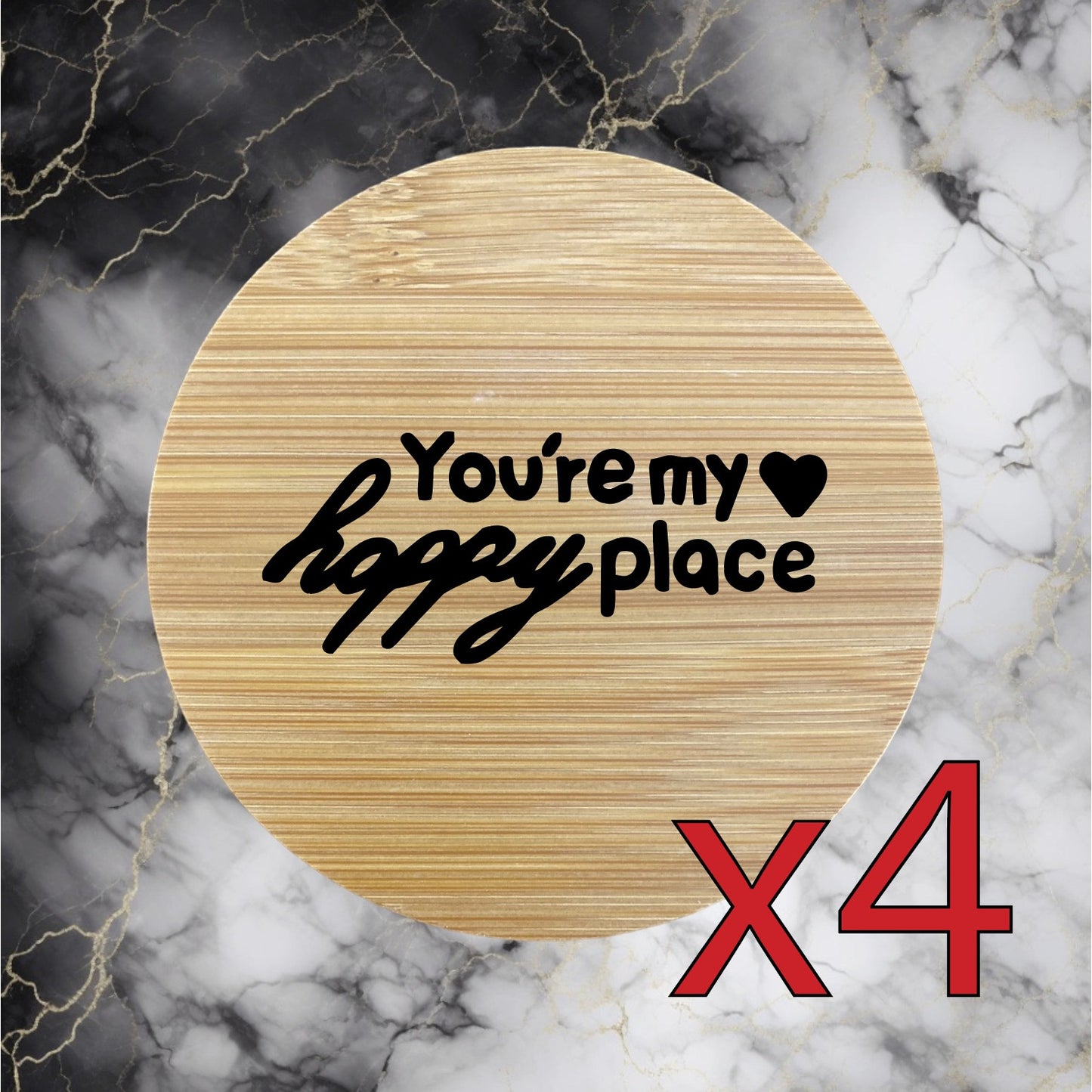 My Happy Place x4 Bamboo Coasters Drink Natural Wood Home Decor Lounge Love NEW