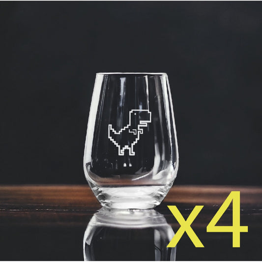 T-Rex Stemless Wine Glasses x4 Premium 15 Oz Personalize Pixel Art Dinosaur NEW