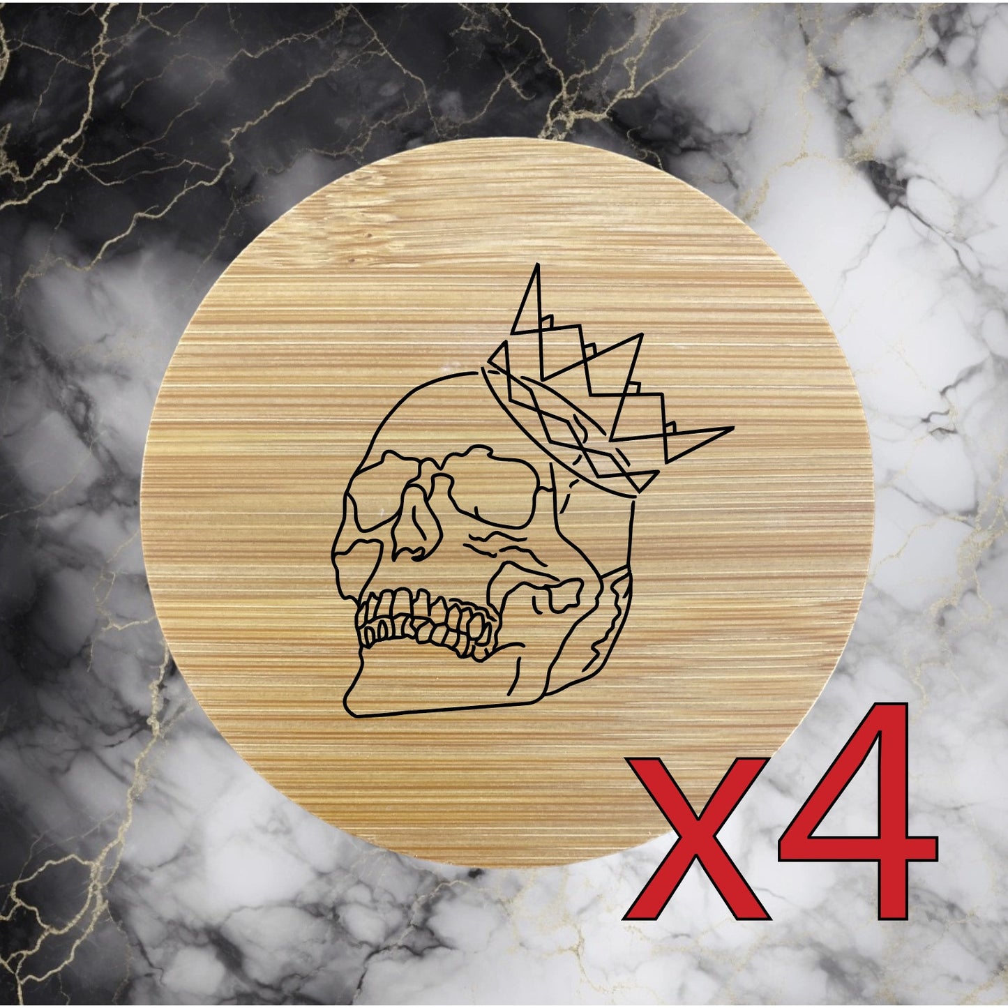 Skull Crown x4 Bamboo Coasters Drink Natural Wood Home Decor Lounge Bones NEW