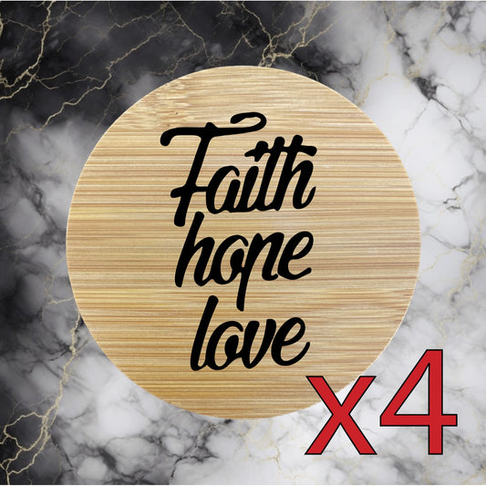 Faith Hope Love x4 Bamboo Coasters Drink Natural Wood Home Decor Lounge NEW