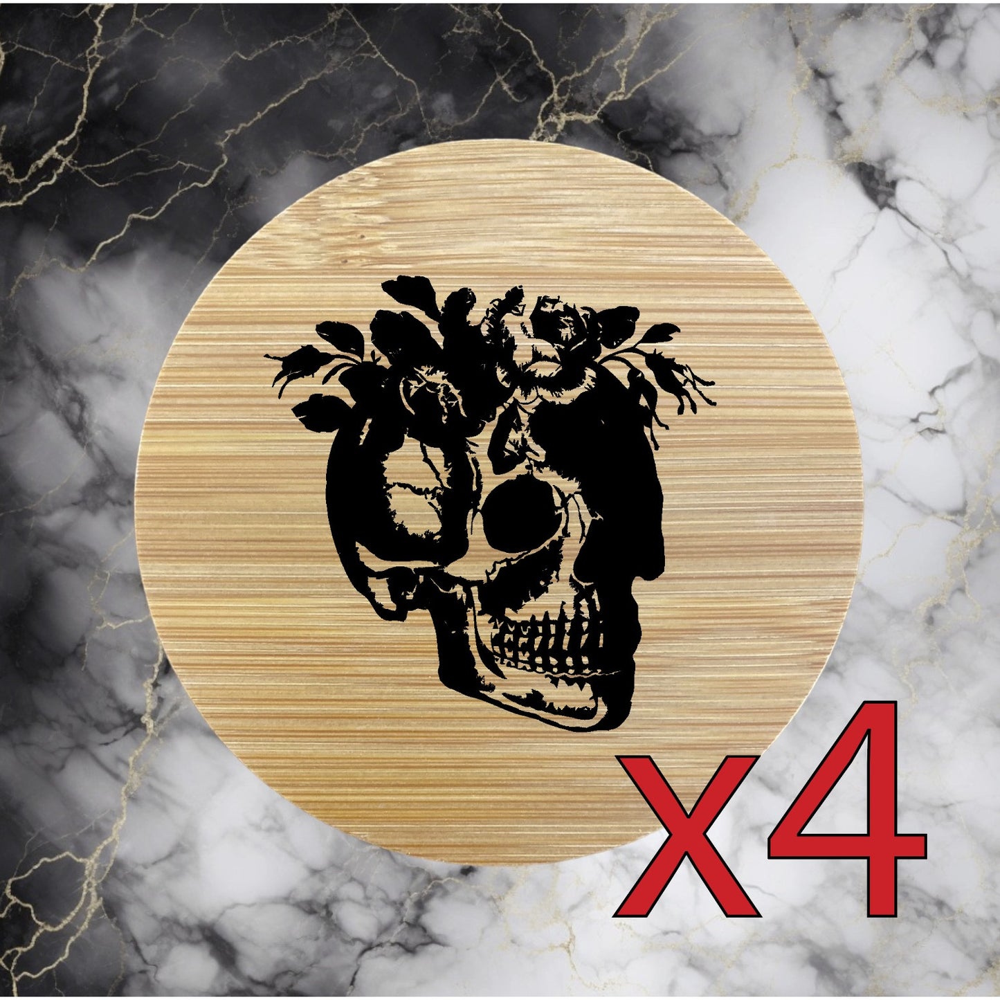 Skull Floral x4 Bamboo Coasters Drink Natural Wood Home Decor Lounge Flower NEW