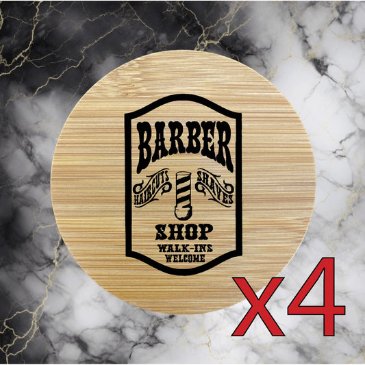 Barber Retro x4 Bamboo Coasters Drink Natural Wood Home Decor Lounge Vintage NEW