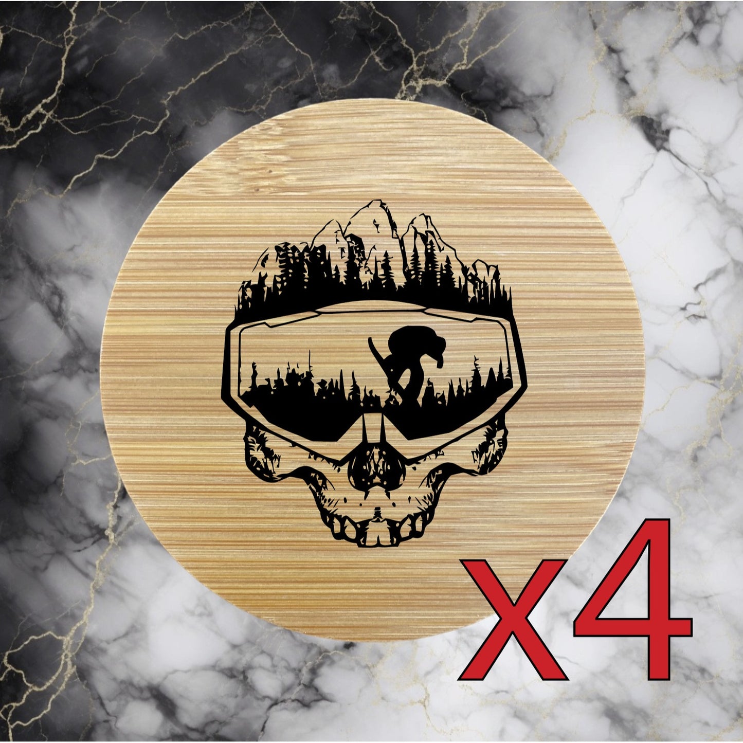 Skull Ski x4 Bamboo Coasters Drink Natural Wood Home Decor Lounge Winter NEW