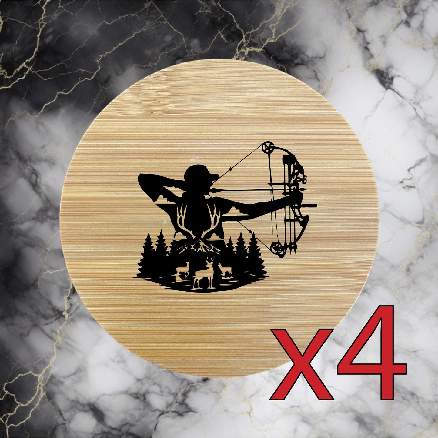 Bow Hunter x4 Bamboo Coasters Drink Natural Wood Home Decor Lounge Deer NEW