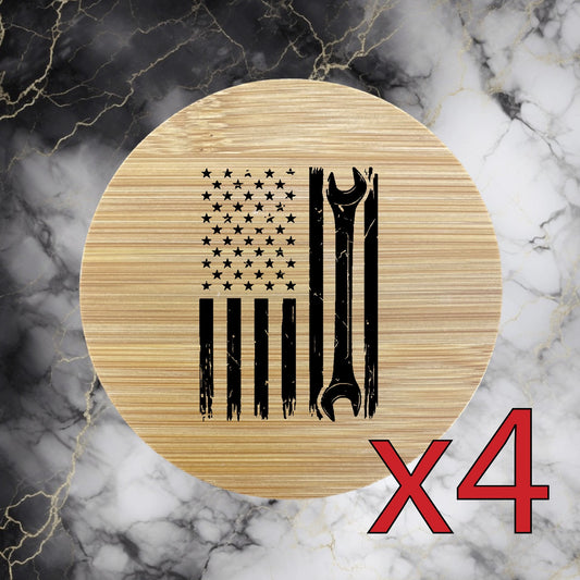 American Flag x4 Bamboo Coasters Drink Natural Wood Home Decor Lounge Work NEW