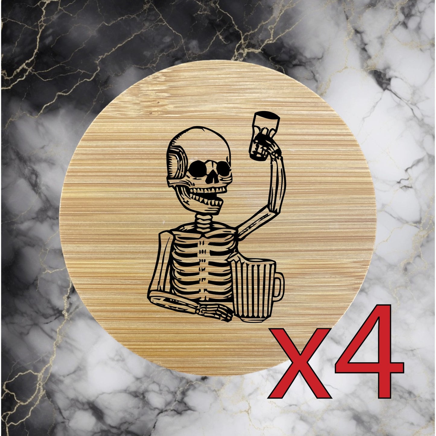 Skull Cheers x4 Bamboo Coasters Drink Natural Wood Home Decor Lounge Beer NEW