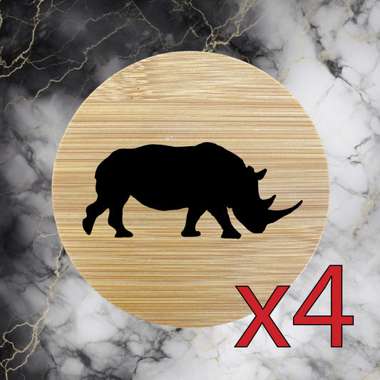 Rhino x4 Bamboo Coasters Drink Natural Wood Home Decor Lounge Animal Wild NEW