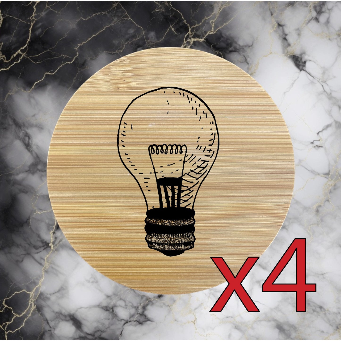 Lightbulb x4 Bamboo Coasters Drink Natural Wood Home Decor Lounge Energy NEW