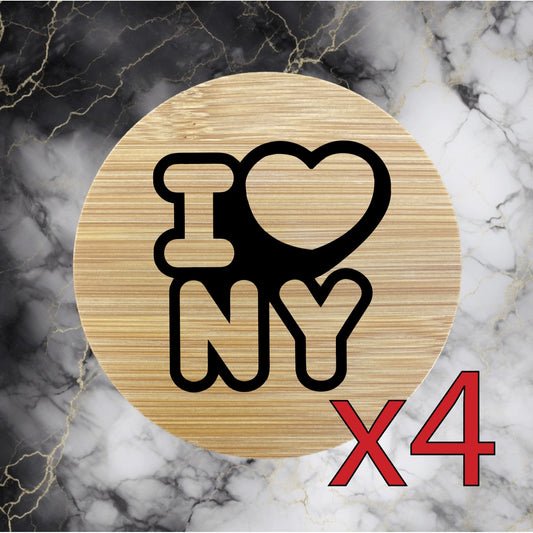 I Heart NY x4 Bamboo Coasters Drink Natural Wood Home Decor Lounge New York NEW