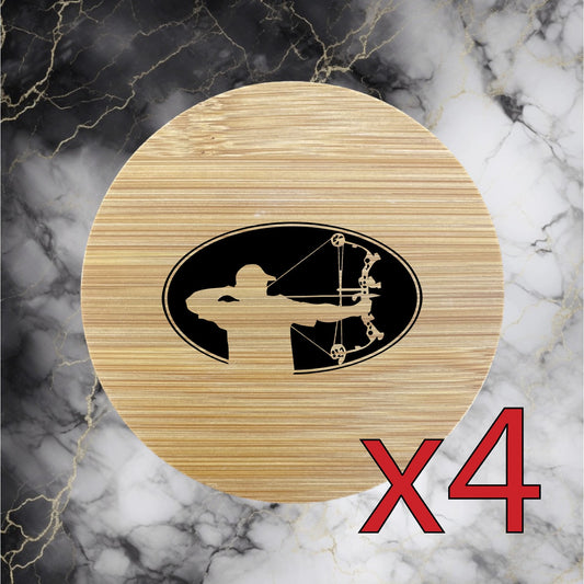 Compound Bow x4 Bamboo Coasters Drink Natural Wood Home Decor Lounge Archery NEW